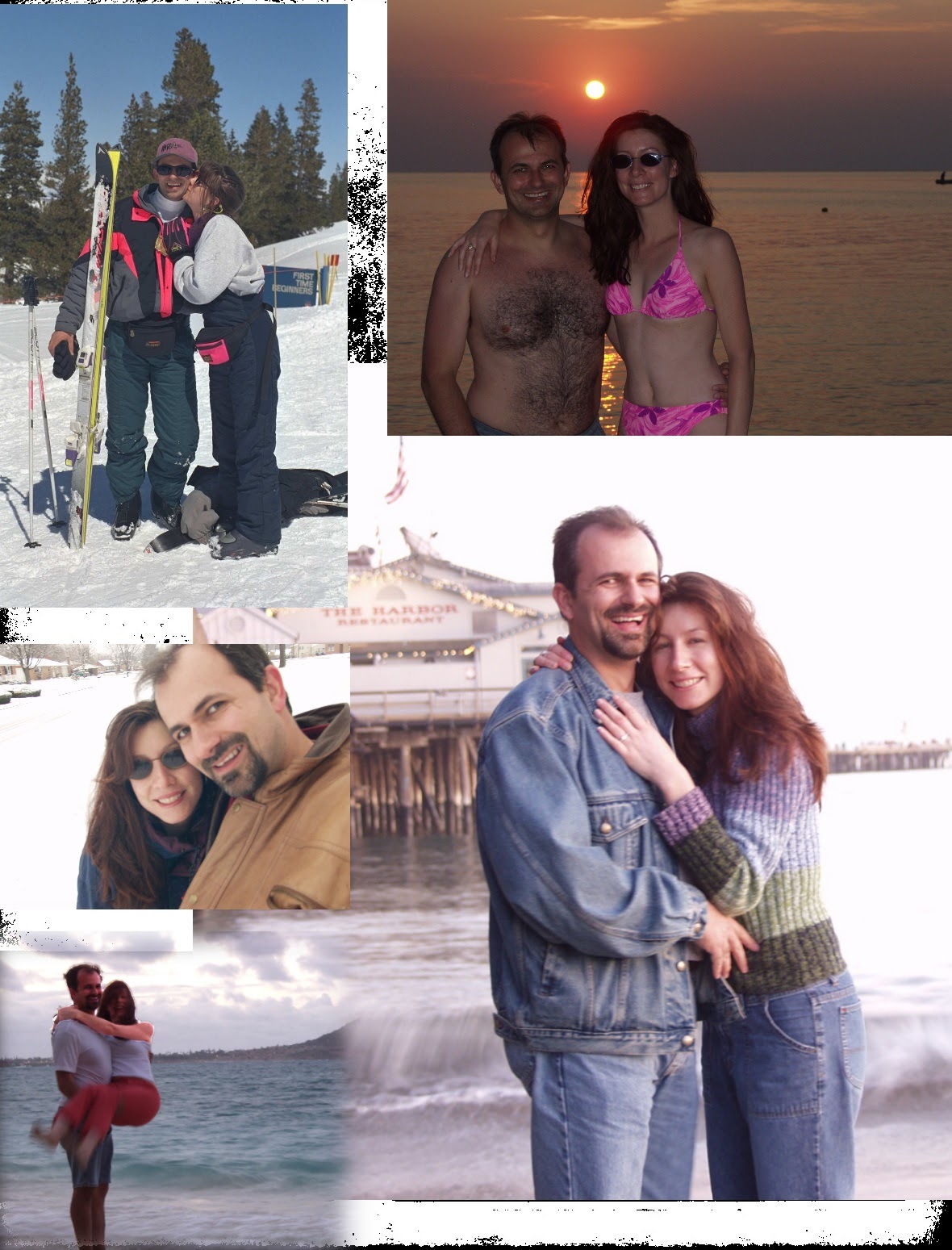 Collage of Themio and Christian skiing, at the beach, and by the harbor